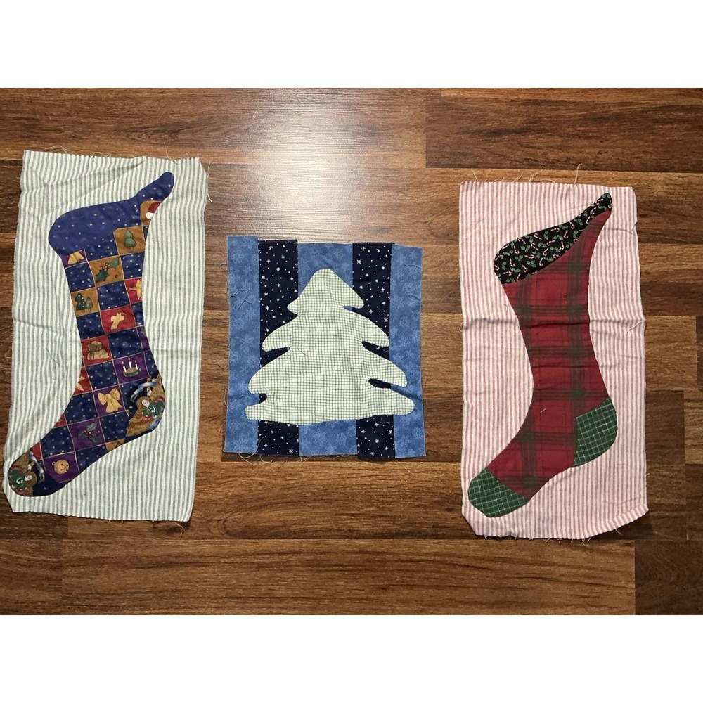 Set Of 3 Hand Pieced Christmas/Festive Patchwork Quilt Blocks-2 Stockings & Tree